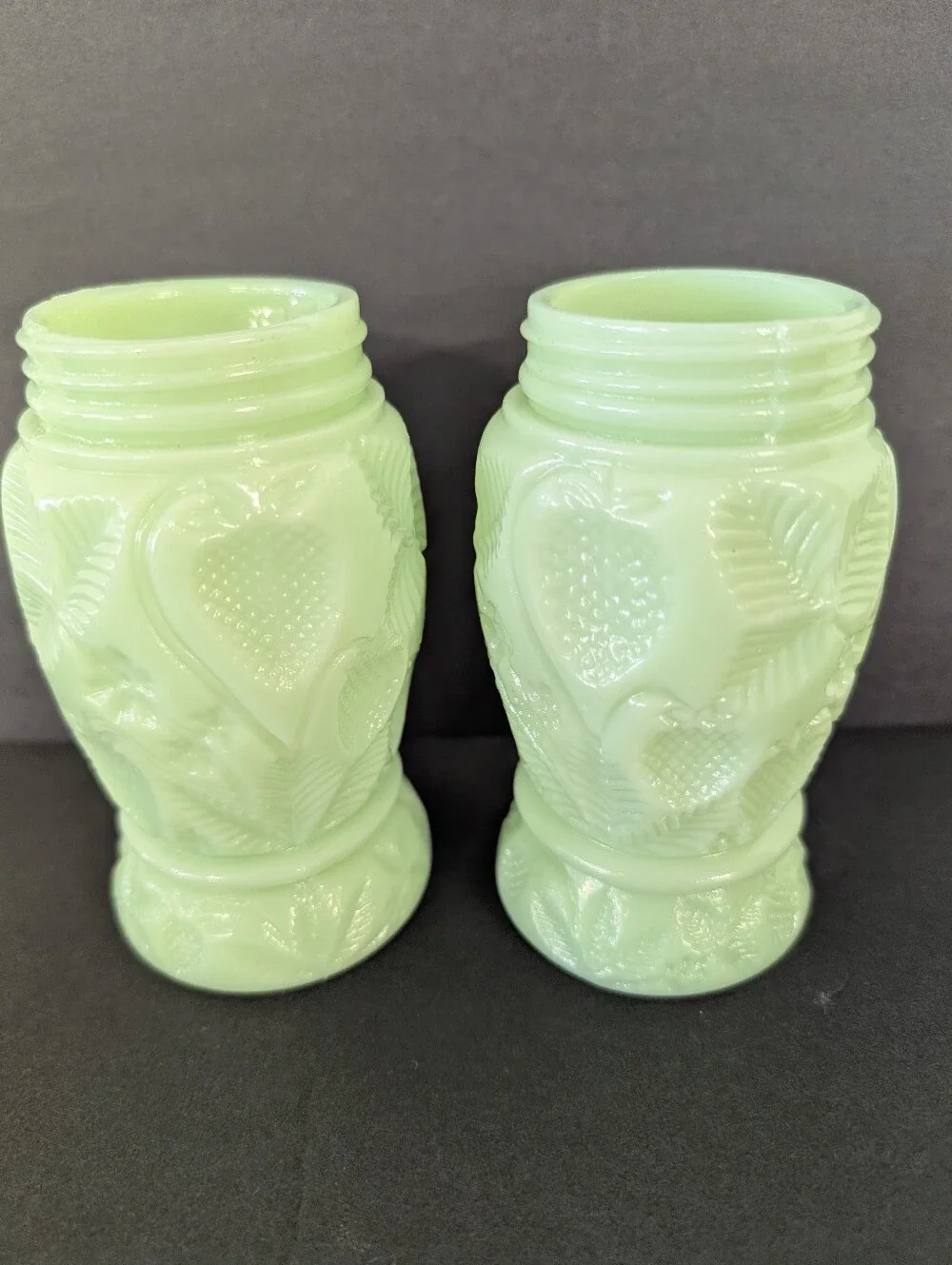 Jadite Green Embossed Glass Salt & Pepper Shakers